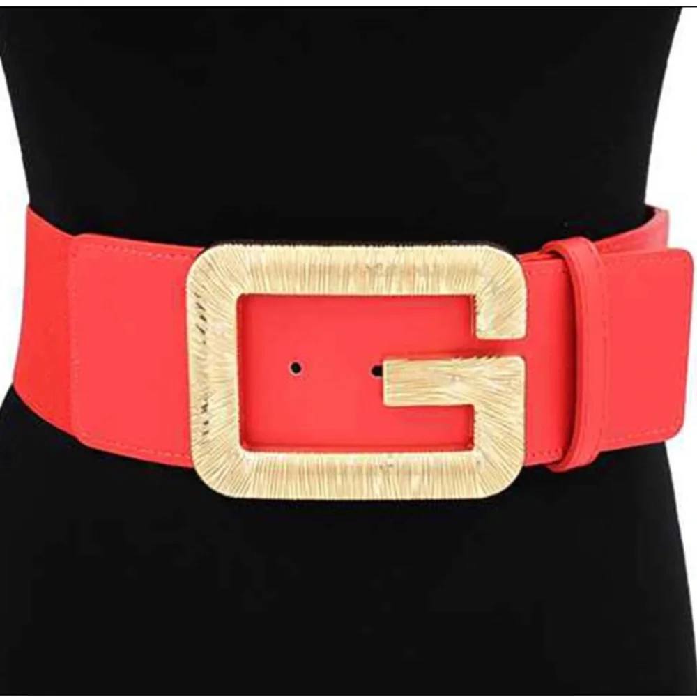 Gold Buckle Textured Metal G Letter Wide Elastic Statement Belt